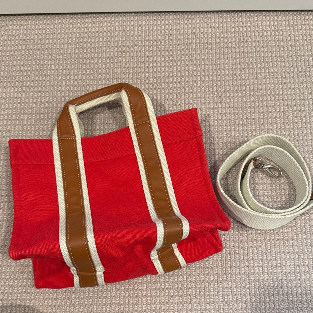 Rue De Verneuil red canvas crossbody tote w/ leather trim
